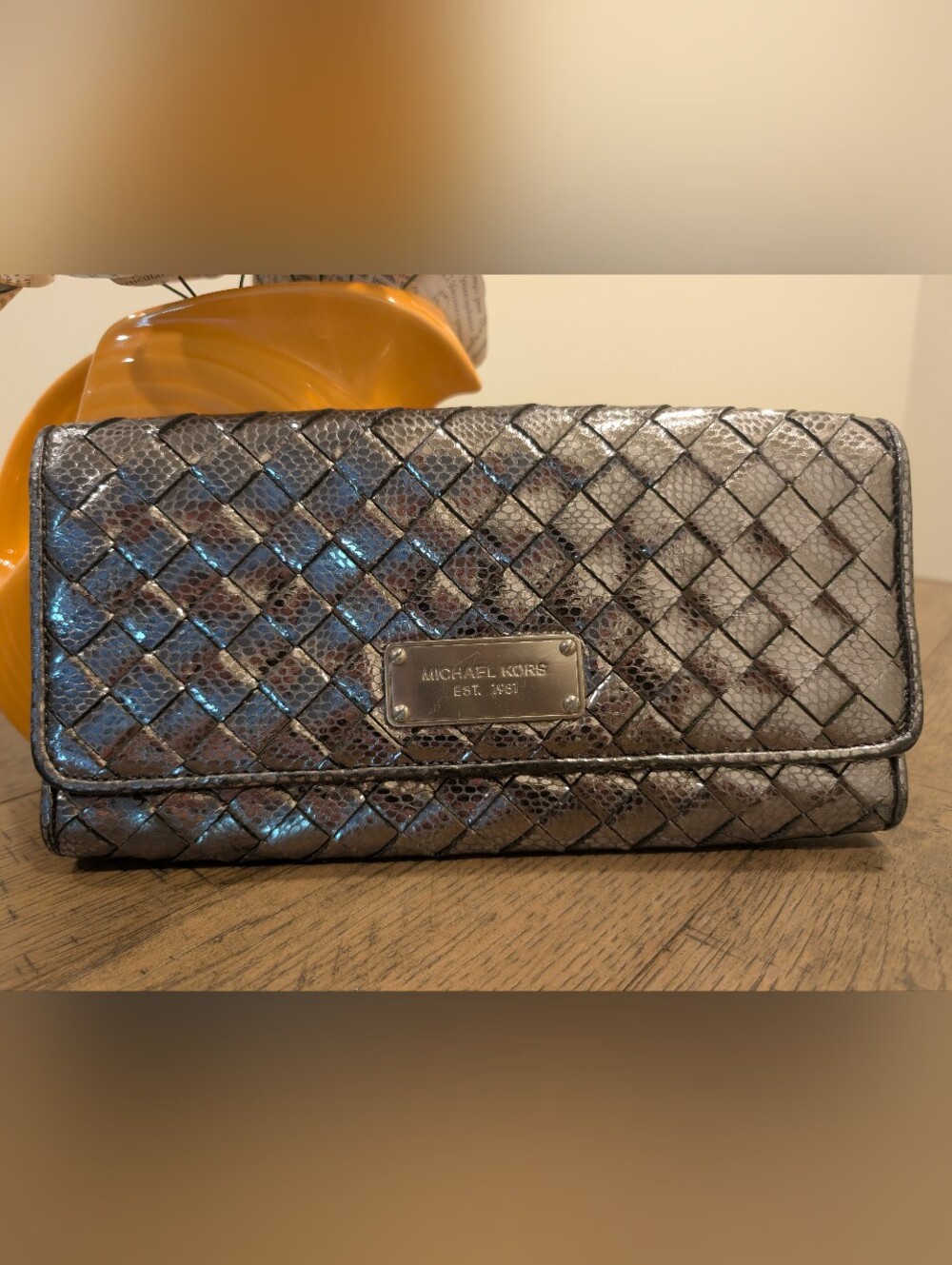 Michael Kors Metallic Pewter Woven Clutch Wallet